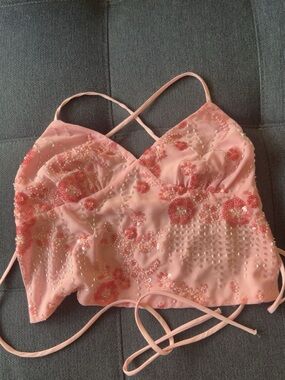 American Threads Pink Beaded Floral Crop Top
